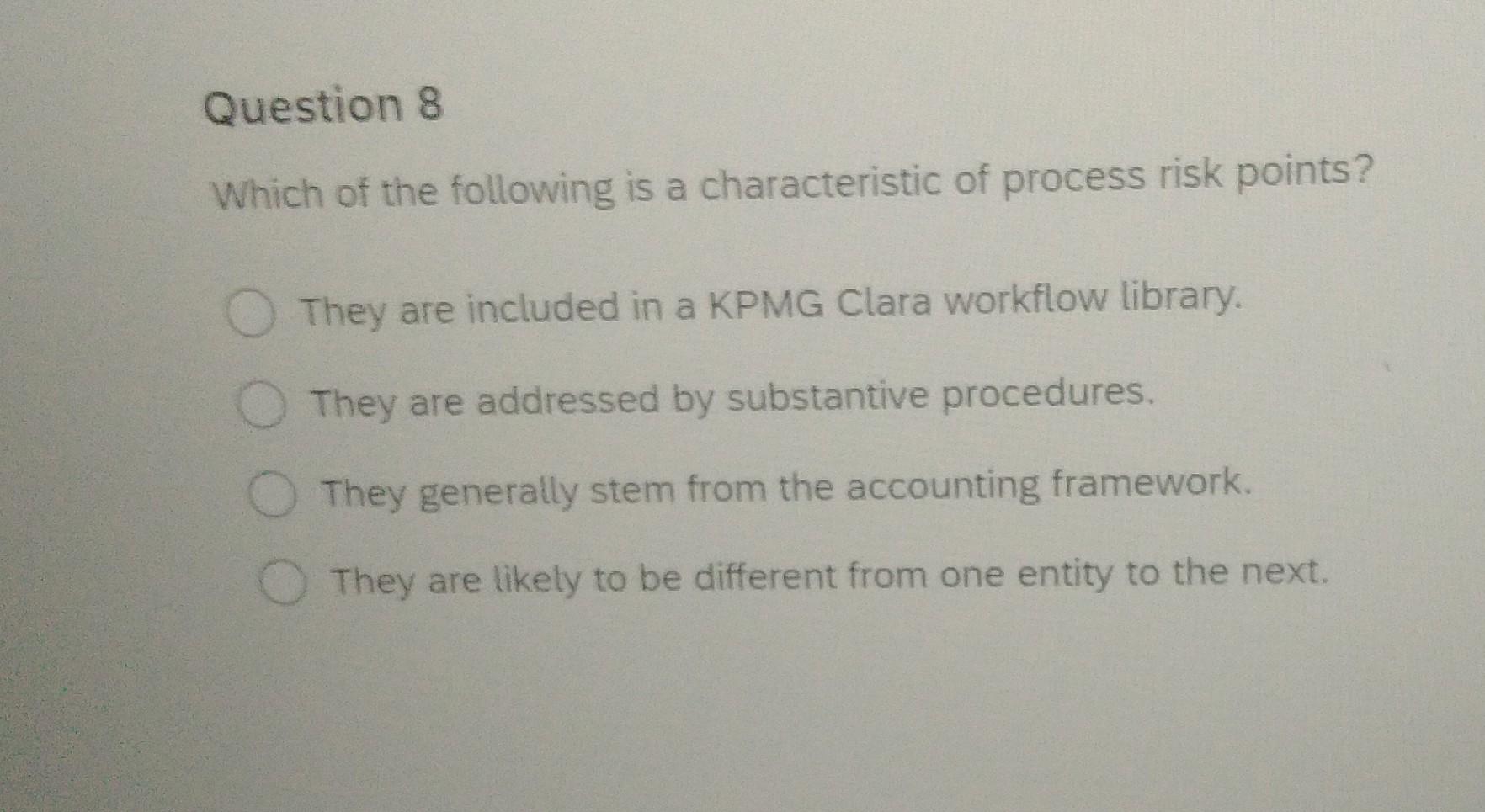 Which of the following is a characteristic of process risk points?
They are included in a KPMG Clara workflow library.
They a