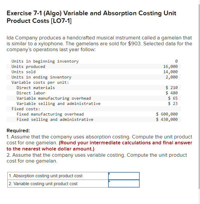 Solved Exercise 7-1 (Algo) ﻿Variable And Absorption Costing | Chegg.com