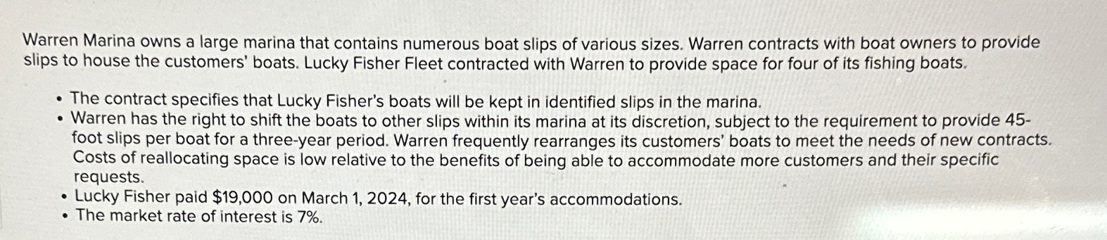 Solved Warren Marina owns a large marina that contains | Chegg.com