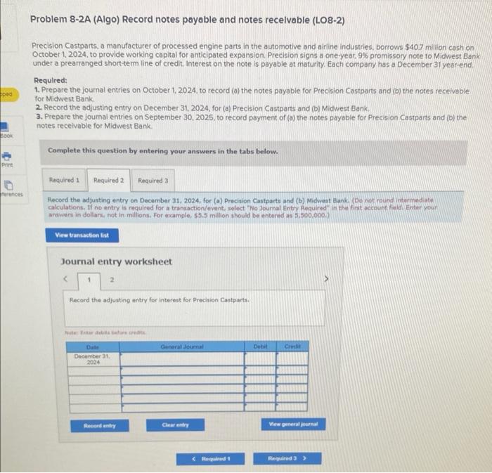 Solved Problem 8-2A (Algo) Record notes payable and notes | Chegg.com