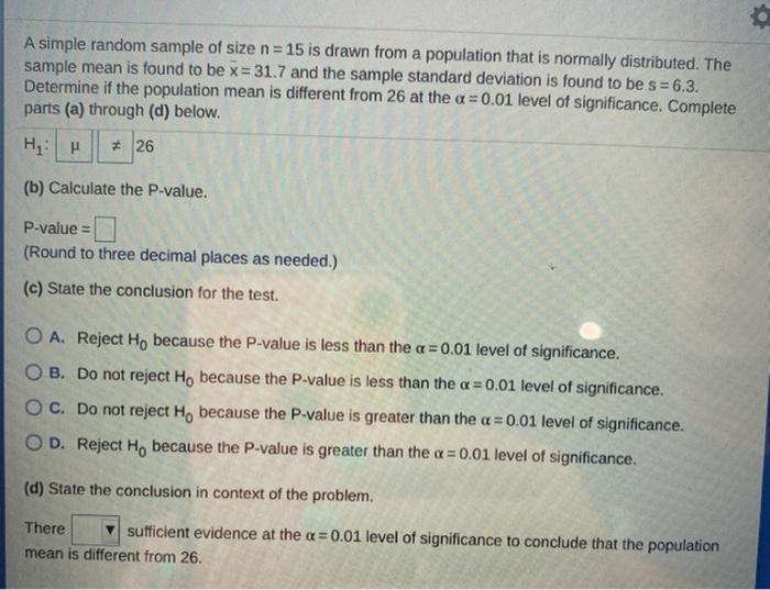 Solved A simple random sample of size n= 15 is drawn from a | Chegg.com
