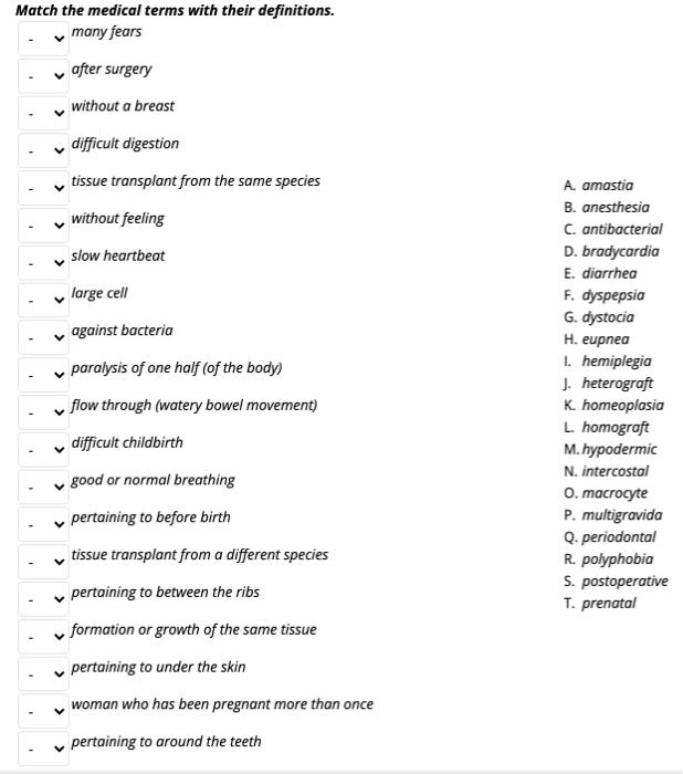 Match the medical terms with their definitions. many fears after surgery without a breast difficult digestion tissue transpla