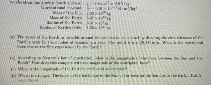 Solved Acceleration Due Gravity Earth Surface 9 8 M Chegg Com