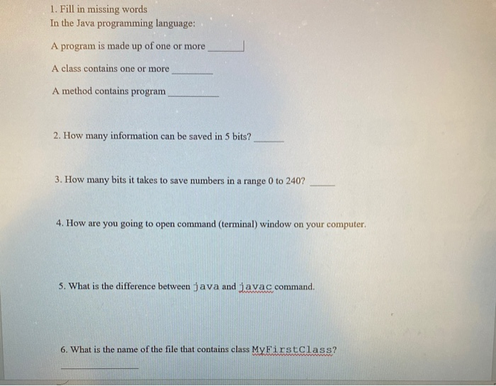 Solved 1. Fill in missing words In the Java programming | Chegg.com