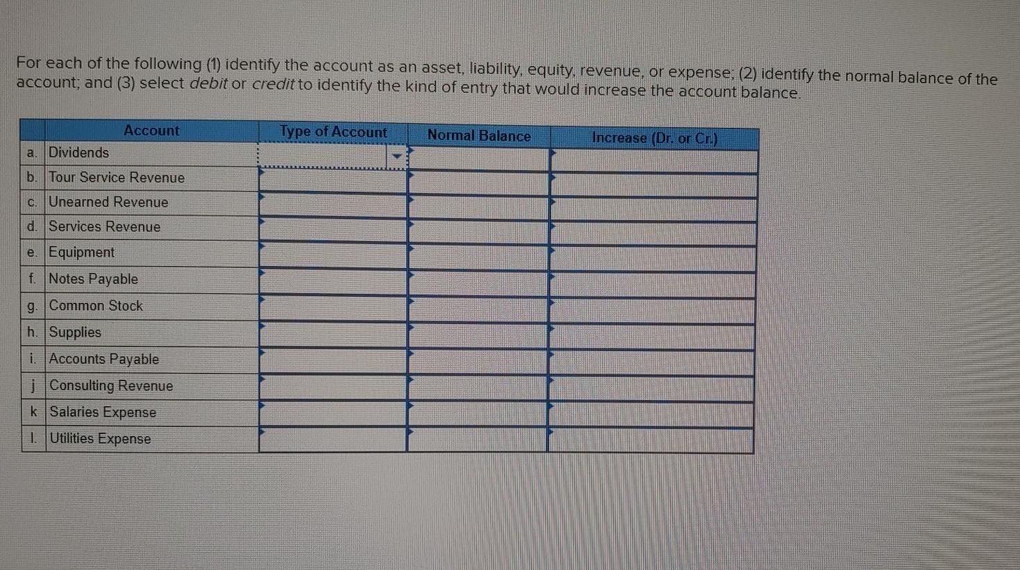 Solved For each of the following (1) identify the account as 