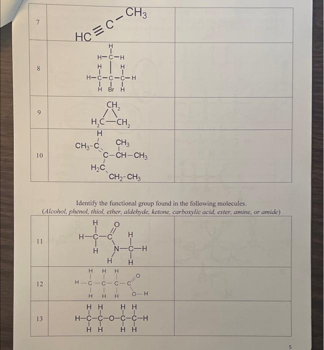 7
9
HC=C-
H
1
H-C-H
H
| H
H-C-C-C-H
JI
HBr H
CH?
H,C-CH?
H
CH3
CH3-C
CH3
CÁCH–CH3
10
H?C
CH?-CH3
Identify the functional grou