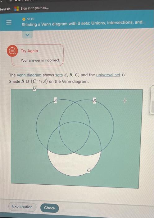 Solved Sign In To Your Ac... SETS Shading A Venn Diagram | Chegg.com