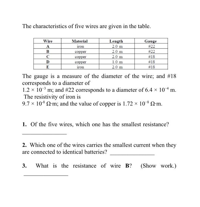 Solved The characteristics of five wires are given in the | Chegg.com