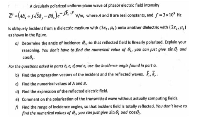 Solved A Circularly Polarized Uniform Plane Wave Of Phaso Chegg Com