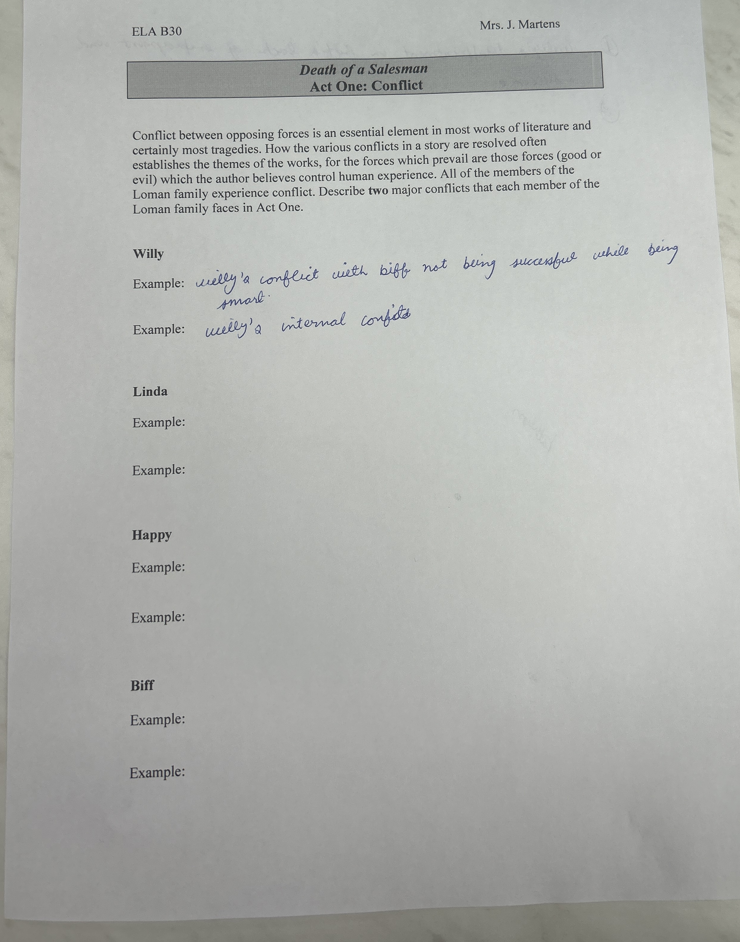 Solved ELA B30Mrs. ﻿J. ﻿MartensDeath of a SalesmanAct One: | Chegg.com