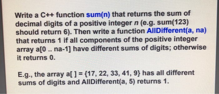 Solved Write a C++ function sum(n) that returns the sum of | Chegg.com