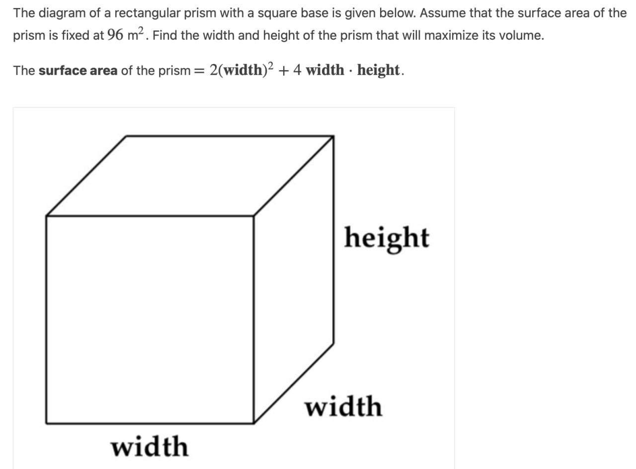 Solved The diagram of a rectangular prism with a square base | Chegg.com