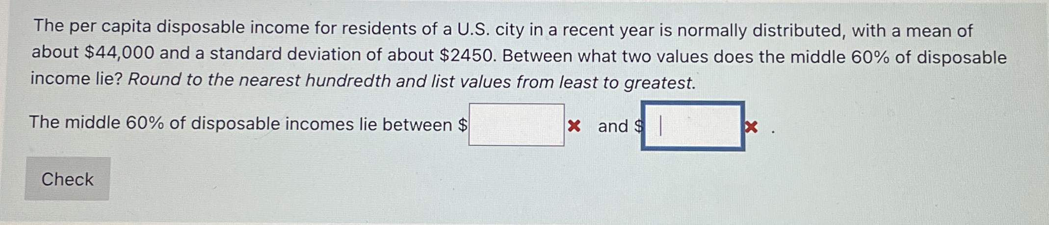 Solved The per capita disposable income for residents of a | Chegg.com