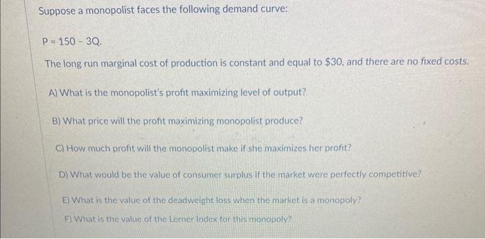 Solved Suppose A Monopolist Faces The Following Demand | Chegg.com