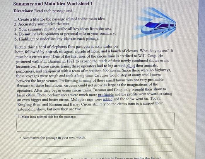 Solved Summary and Main Idea Worksheet 1 Directions: Read | Chegg.com
