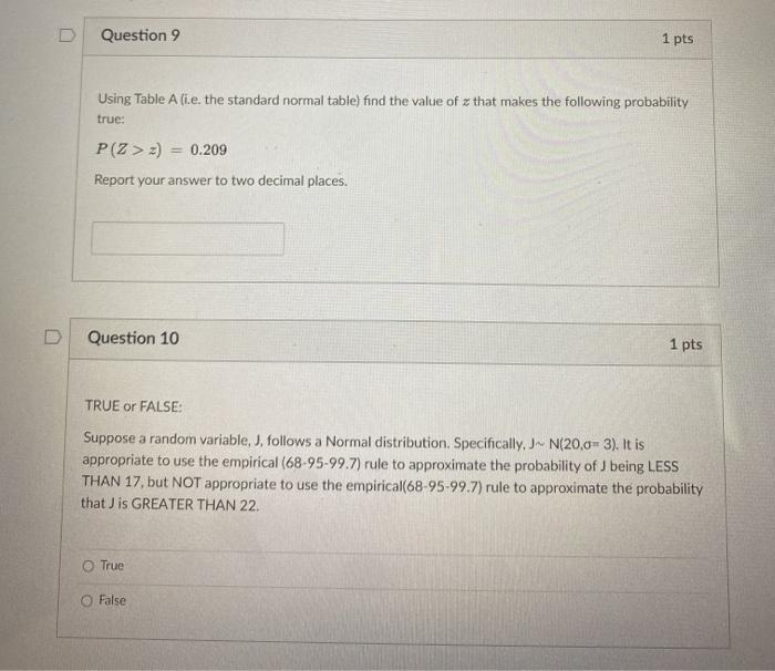 Solved Question 9 1 pts Using Table A (i.e. the standard | Chegg.com