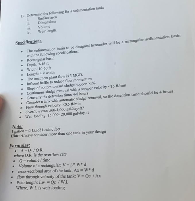 Solved B. Determine The Following For A Sedimentation Tank: | Chegg.com