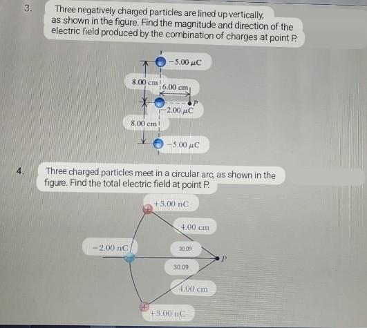 Three negatively charged particles are lined up vertically, as shown in the figure. Find the magnitude and direction of the e