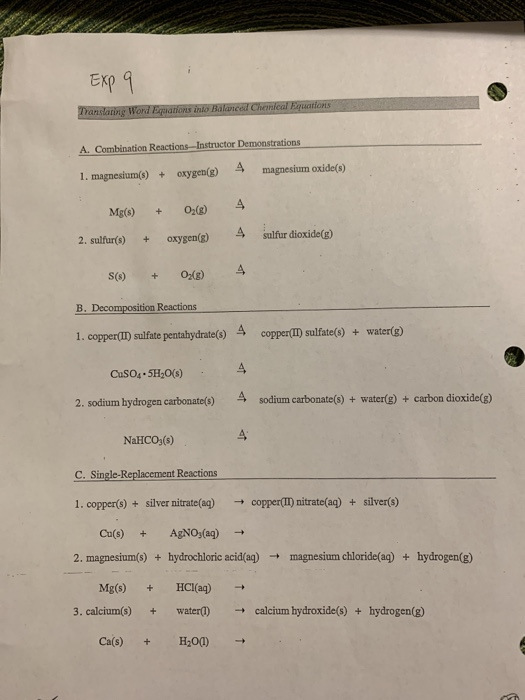 Solved Exp 9 Translating Word Equations into Balanced | Chegg.com