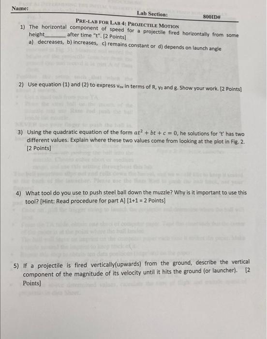 Solved Pre-LaB FOR LAB 4: Projectile Motion 1) The | Chegg.com