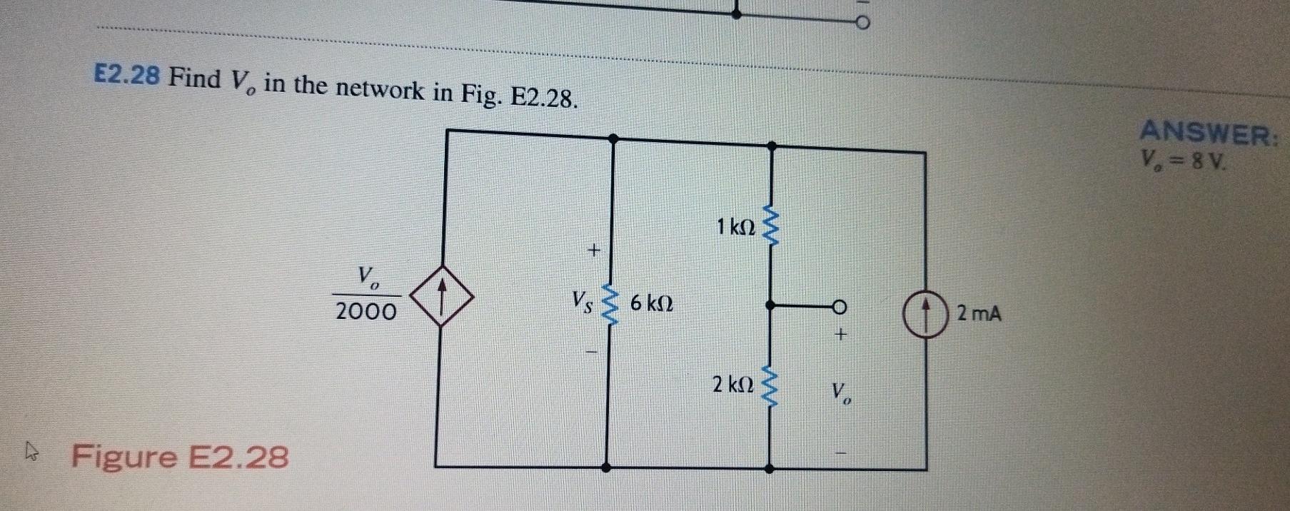 Solved E2.28 Find V, in the network in Fig. E2.28. ANSWER: V | Chegg.com
