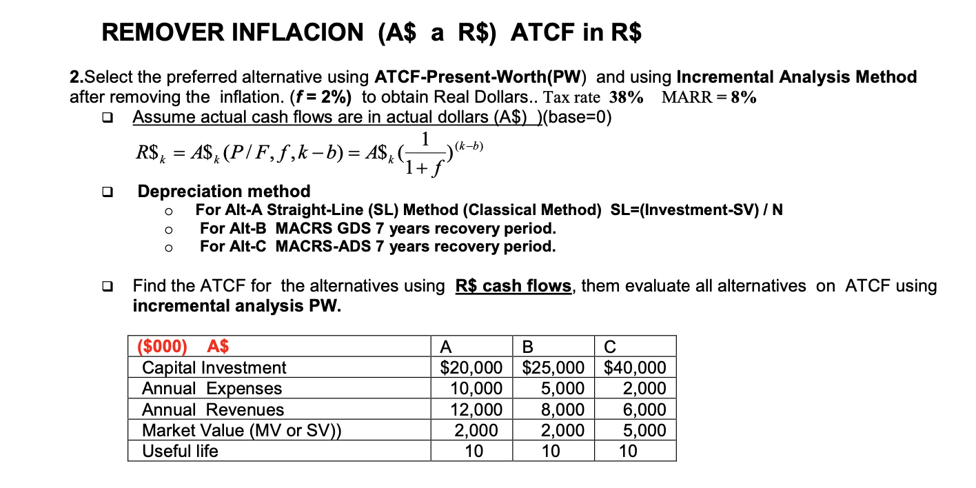 REMOVER INFLACION (A a R$ ) ﻿ATCF in R$2.Select the | Chegg.com