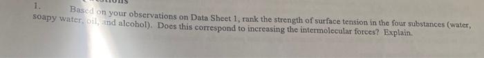 Solved 1. Based on your observations on Data Sheet 1, rank | Chegg.com