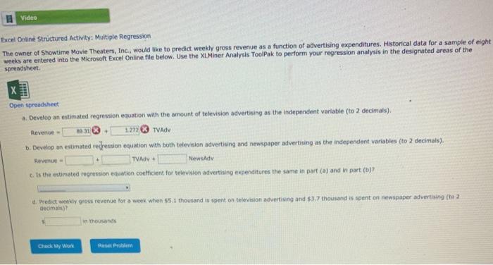 Solved Video Excel Online Structured Activity: Multiple | Chegg.com