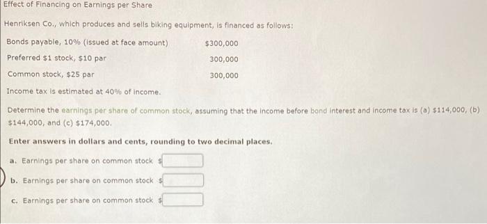 Solved Effect of Financing on Earnings per Share Henriksen | Chegg.com
