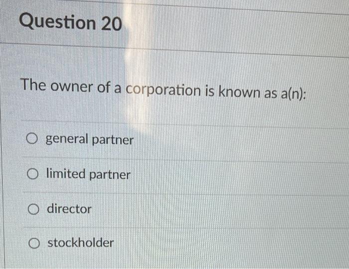 Solved Question 20 The owner of a corporation is known as | Chegg.com