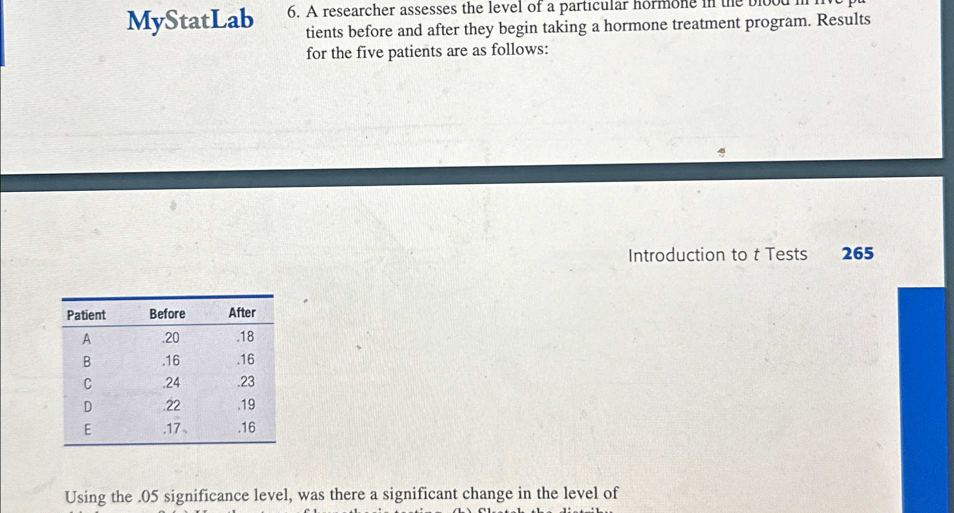 Solved MyStatLab6. ﻿A researcher assesses the level of a | Chegg.com