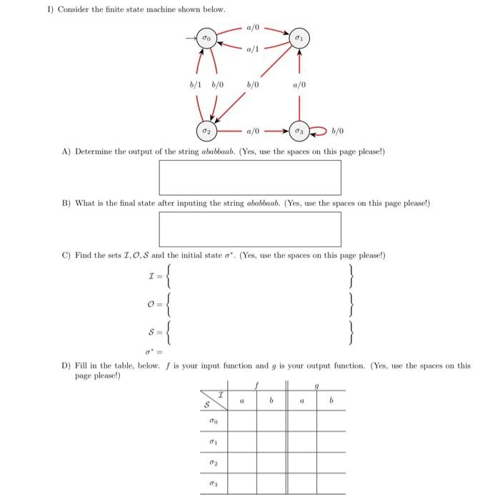 Solved 1) Consider The Finite State Machine Shown Below. A/0 | Chegg.com