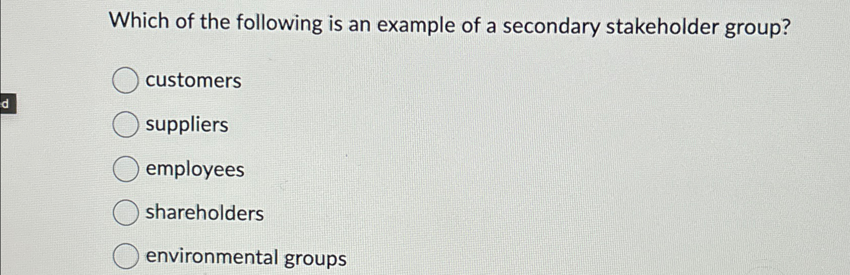 which of the following is an example of a secondary stakeholder group