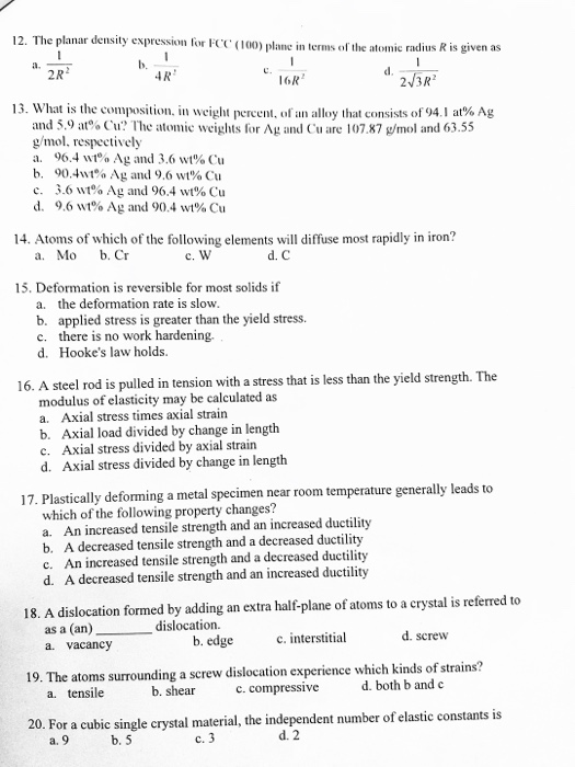 Solved 12. The planar density expression for FCC (100) plane | Chegg.com