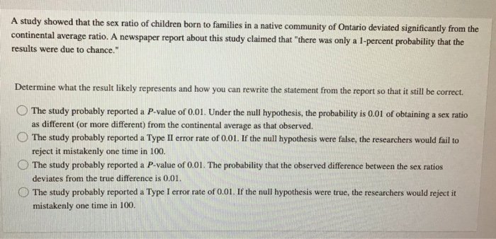 Solved A study showed that the sex ratio of children born to | Chegg.com