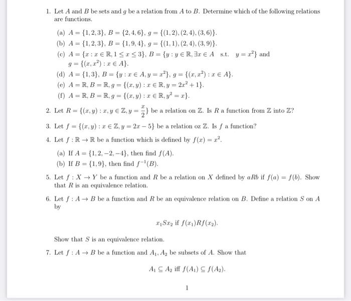 Solved 1. Let A And B Be Sets And G Be A Relation From A To | Chegg.com