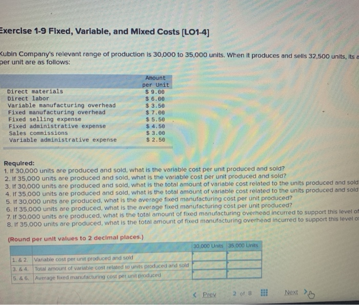 Solved Exercise 1 9 Fixed Variable And Mixed Costs Lo1 4 6978