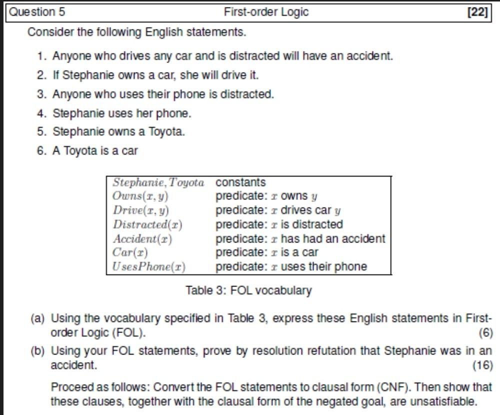 Solved [22] Question 5 First-order Logic Consider the | Chegg.com