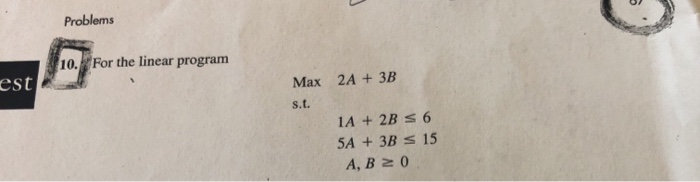 Solved Problems 10. For the linear program est Max 2A + 3B | Chegg.com