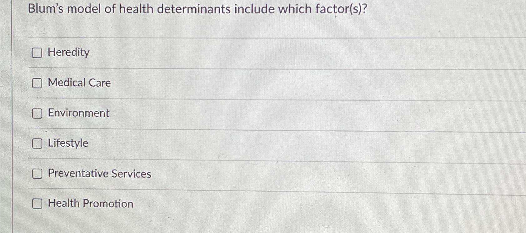 Solved Blum's model of health determinants include which