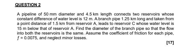 Solved QUESTION 2 A pipeline of 50 mm diameter and 4.5 km | Chegg.com