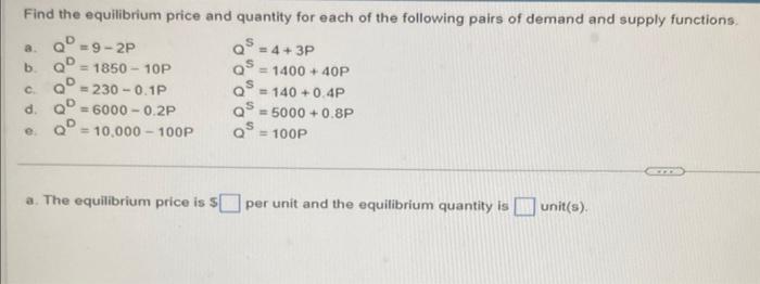 Solved Find the equilibrium price and quantity for each of | Chegg.com