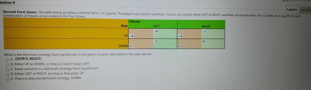 Solved estion 9 1 points tawar Normal Form Game: The table | Chegg.com