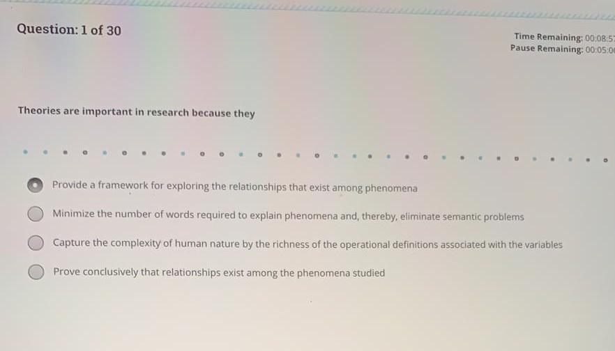 Question: 1 of 30 Time Remaining: 00:08:53 Pause Remaining: 00:05:00 Theories are important in research because they Provide