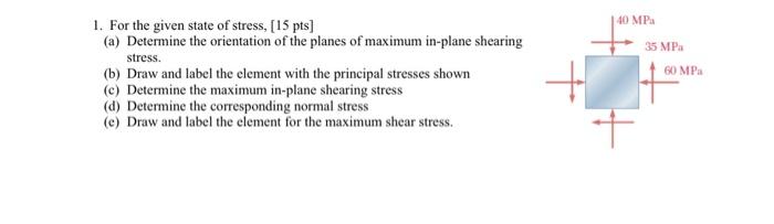 Solved 40 MPa 1. For the given state of stress, [15 pts) (a) | Chegg.com