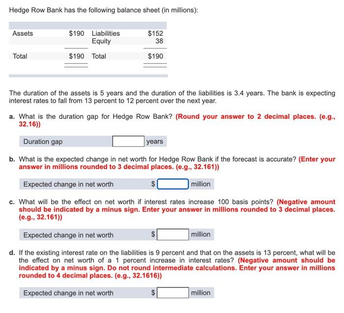 Solved Hedge Row Bank has the following balance sheet in Chegg
