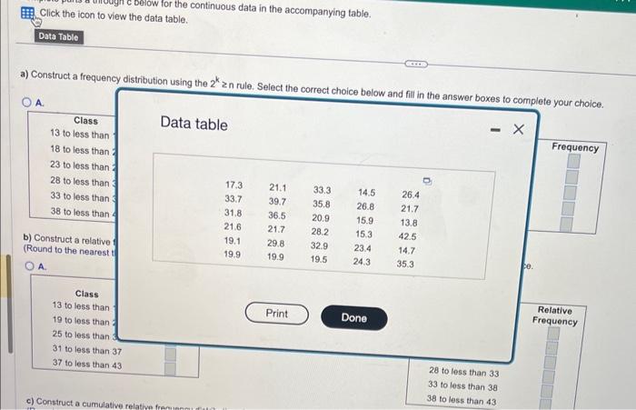 Click the icon to view the data table.
a) Construct a frequency distribution using the \( 2^{k} \geq n \) rule. Select the co
