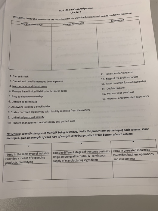 Solved BUS 101 In Class Assignment Chapter 5 Directions | Chegg.com