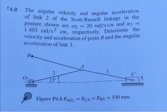 4.8 The angular velocity and angular acceleration of link 2 of the Scott-Russell linkage in the posture shown are \( \omega_{