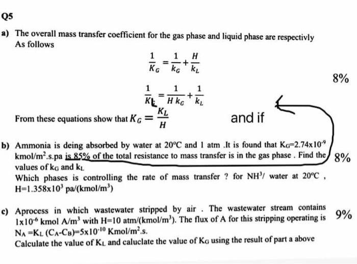 Solved Q5 a) The overall mass transfer coefficient for the